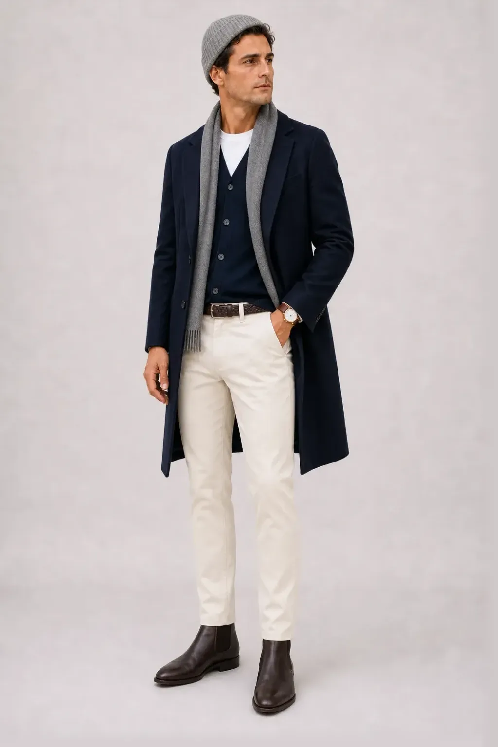 Langer Mantel Navy über Cardigan, dazu Chino Creme und Chelsea Boot