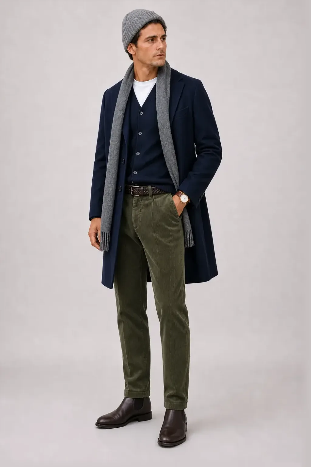 Langer Mantel Navy über Crewneck-Pullover Feinstrick Hellgrau und Button-Down-Hemd Hellblau, dazu Cordhose Oliv und Chelsea Boot — Cardigan Navy
