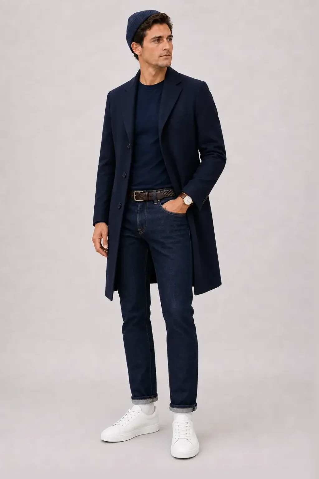 Langer Mantel Navy über T-Shirt, dazu Jeans Navy und Sneaker