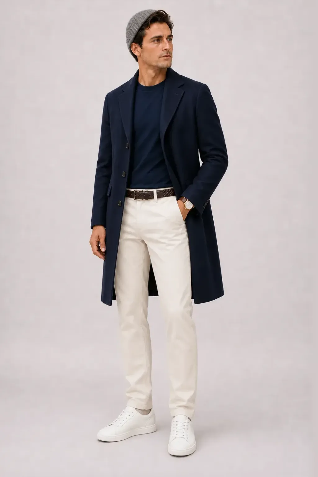 Langer Mantel Navy über T-Shirt, dazu Chino Creme und Sneaker