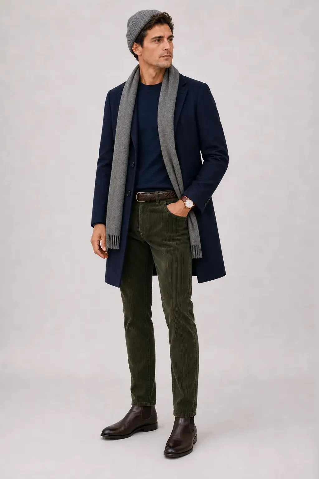 Langer Mantel Navy über Crewneck-Pullover Feinstrick Beige und T-Shirt Weiss, dazu Cordhose Oliv und Chelsea Boot — T-Shirt Navy