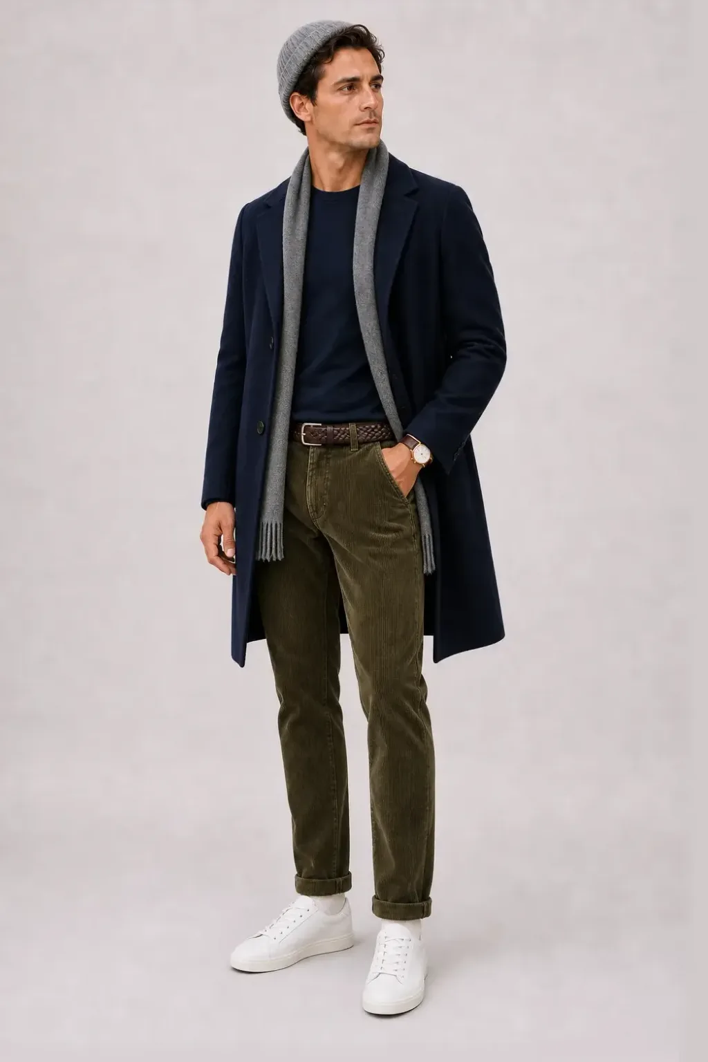 Langer Mantel Navy über T-Shirt Navy, dazu Cordhose Oliv und Chelsea Boot