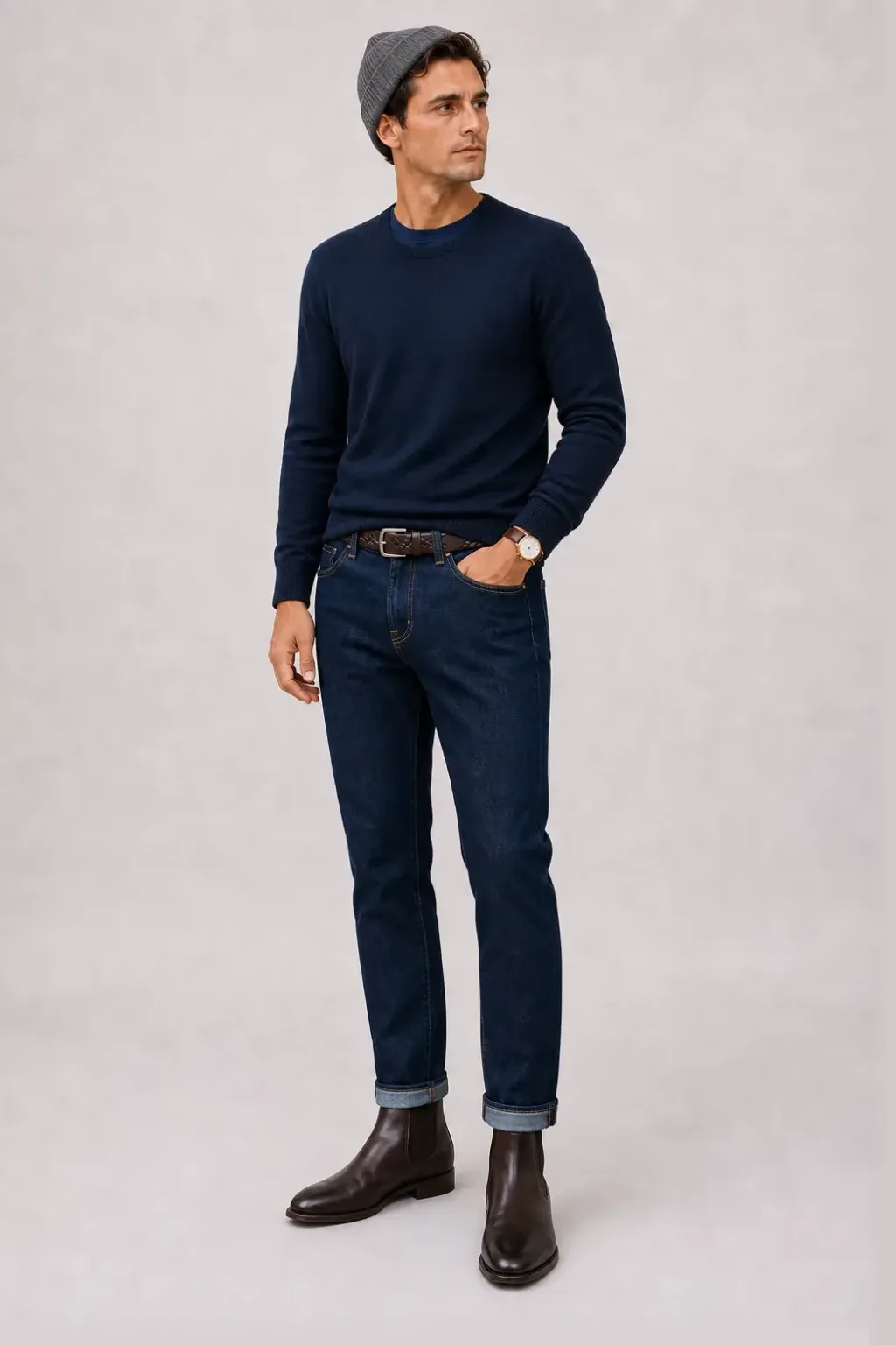 Crewneck-Pullover Feinstrick Schokobraun über Button-Down-Hemd, dazu Jeans Navy und Chelsea Boot — Crewneck-Pullover Feinstrick Navy