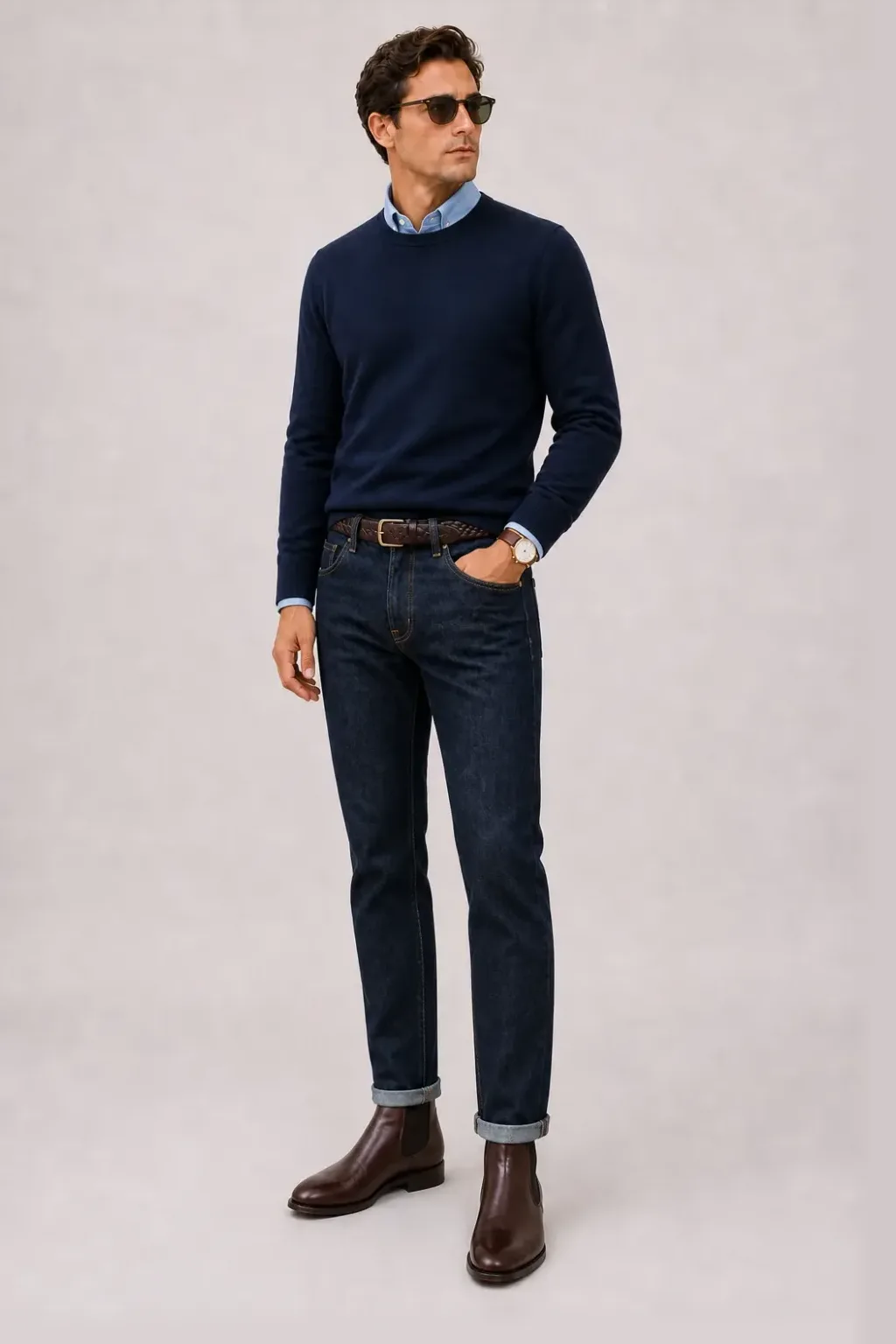 Crewneck-Pullover Feinstrick Navy über T-Shirt, dazu Jeans Navy und Chelsea Boot — Button-Down-Hemd Hellblau