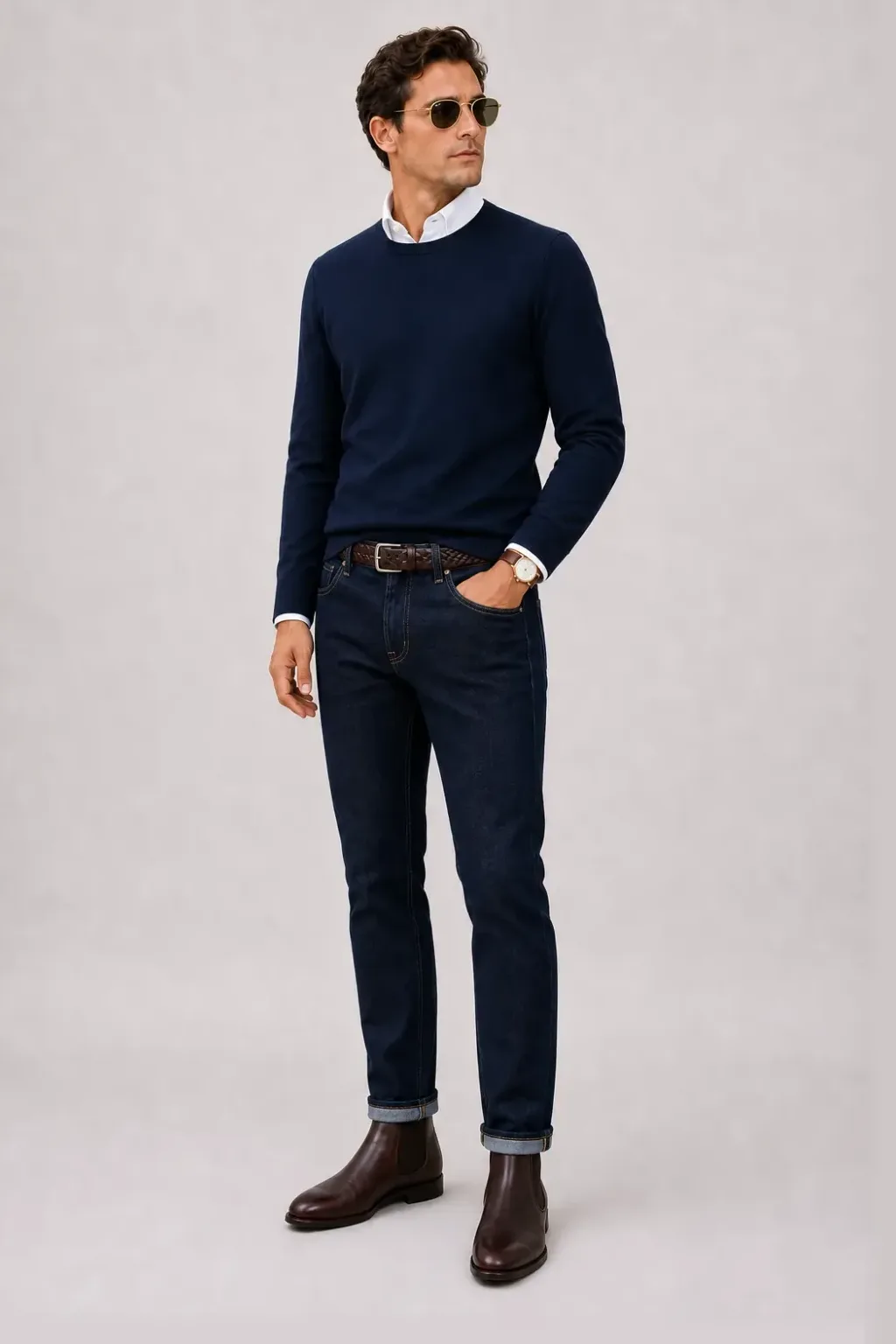 Crewneck-Pullover Feinstrick Navy über T-Shirt, dazu Jeans Navy und Chelsea Boot — Button-Down-Hemd Weiss