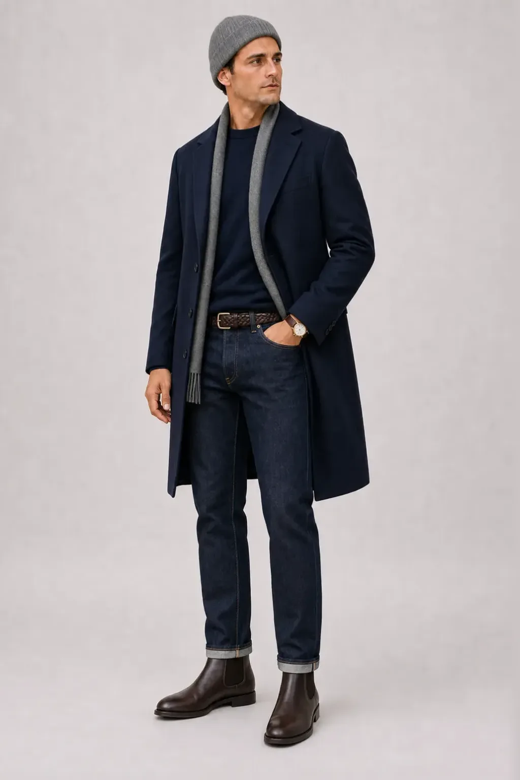 Langer Mantel Navy über T-Shirt Oliv, dazu Jeans Navy und Chelsea Boot — Crewneck-Pullover Feinstrick Navy