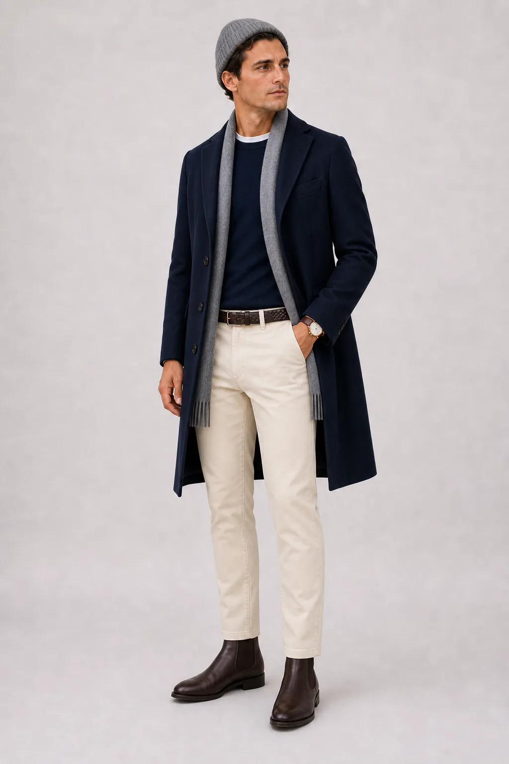 Langer Mantel Navy über Crewneck-Pullover Feinstrick, dazu Chino Creme und Chelsea Boot
