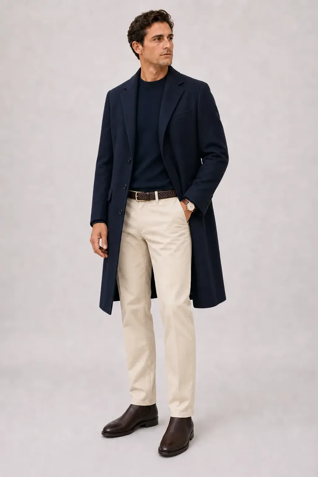 Langer Mantel Navy über Crewneck-Pullover Feinstrick, dazu Chino Creme und Chelsea Boot