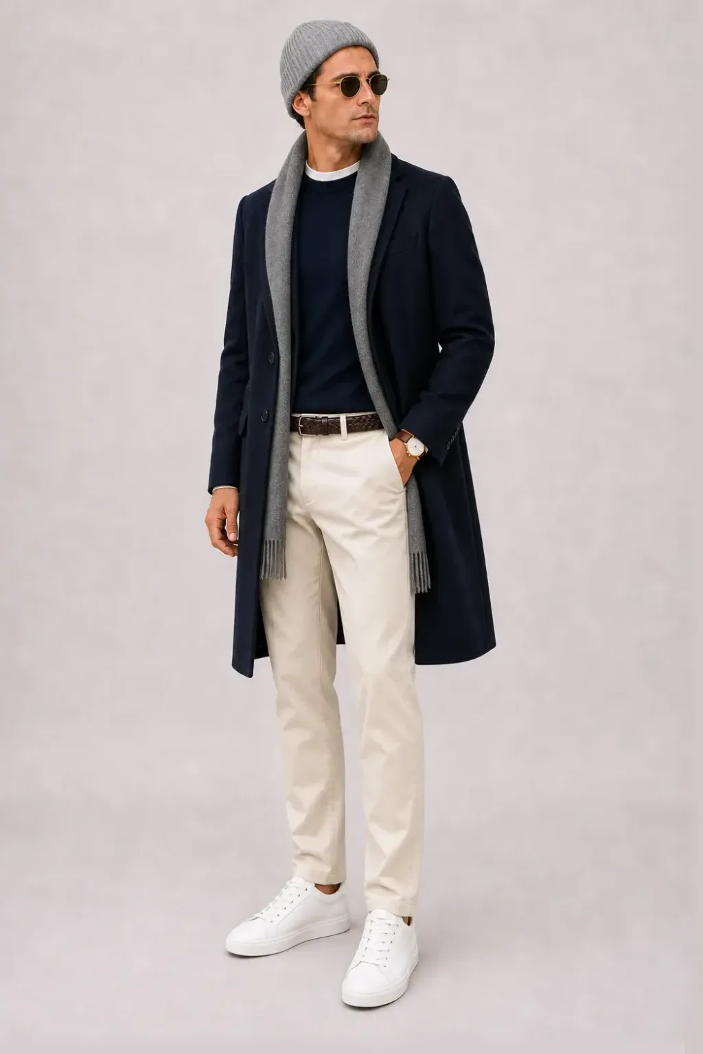 Langer Mantel Navy über Crewneck-Pullover Feinstrick, dazu Chino Creme und Chelsea Boot