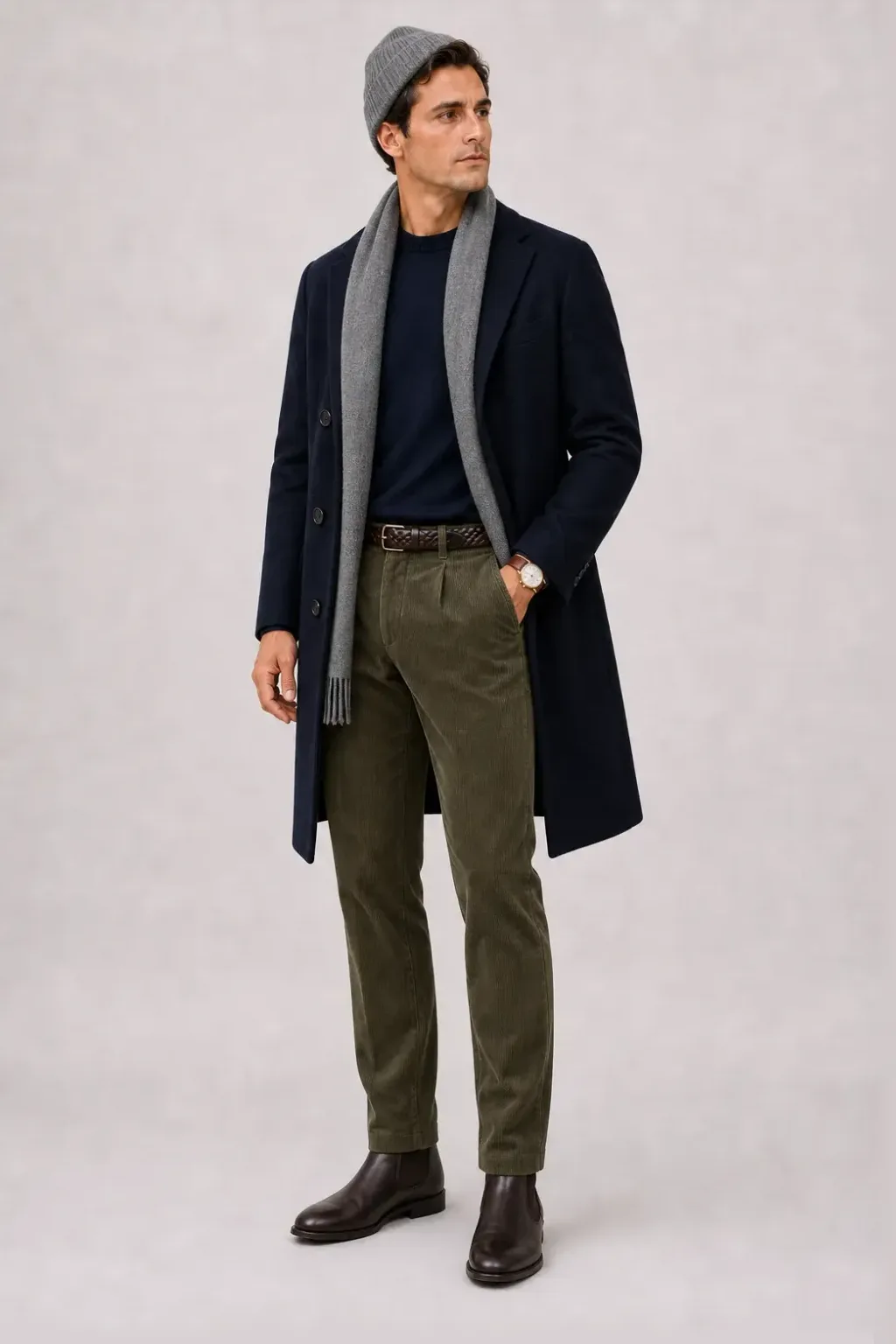 Langer Mantel Navy über Crewneck-Pullover Feinstrick Navy und T-Shirt Navy, dazu Cordhose Oliv und Chelsea Boot
