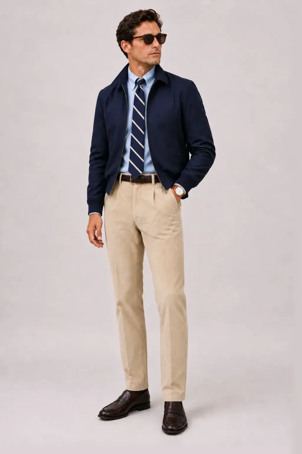 Harrington Blouson Navy über Button-Down-Hemd, dazu Cordhose Beige und Penny Loafer