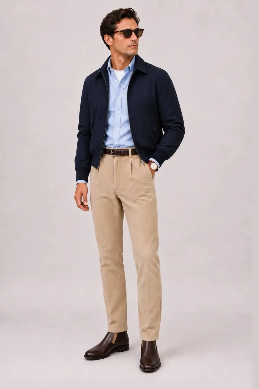 Harrington Blouson Navy über Button-Down-Hemd, dazu Cordhose Beige und Penny Loafer — Chelsea Boot Dunkelbraun
