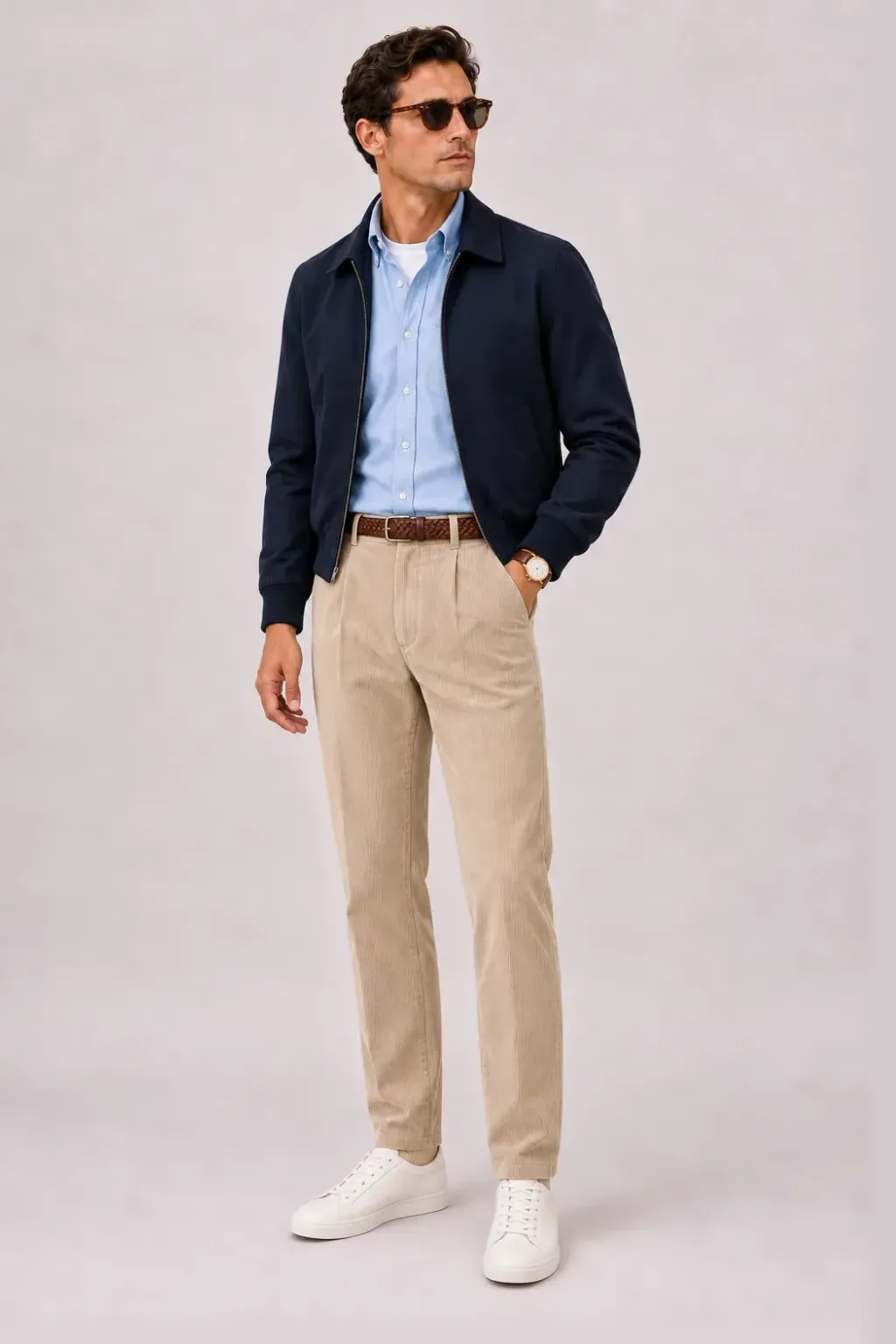 Harrington Blouson Navy über Button-Down-Hemd, dazu Cordhose Beige und Penny Loafer