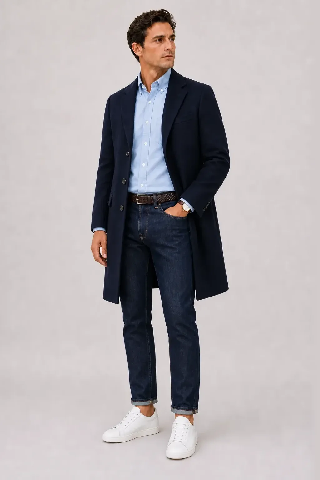 Langer Mantel Navy über Button-Down-Hemd Hellblau, dazu Jeans Navy und Sneaker