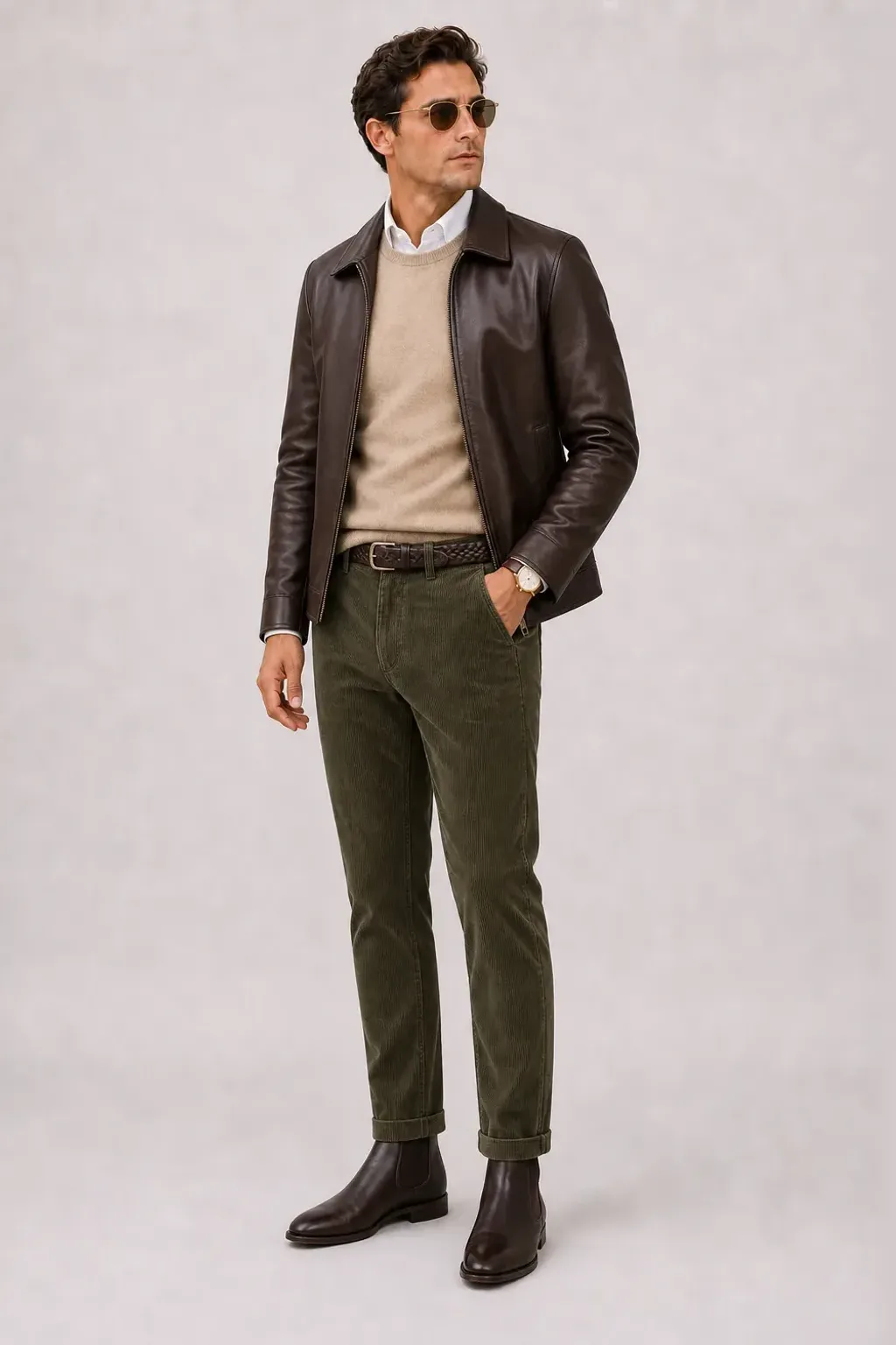 Lederjacke Dunkelbraun über Crewneck-Pullover Feinstrick Beige und Button-Down-Hemd Weiss, dazu Cordhose Oliv und Chelsea Boot