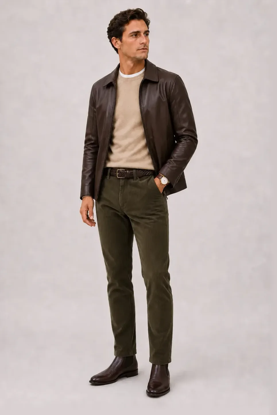 Lederjacke Dunkelbraun über Crewneck-Pullover Feinstrick Beige und Button-Down-Hemd Weiss, dazu Cordhose Oliv und Chelsea Boot — T-Shirt Weiss