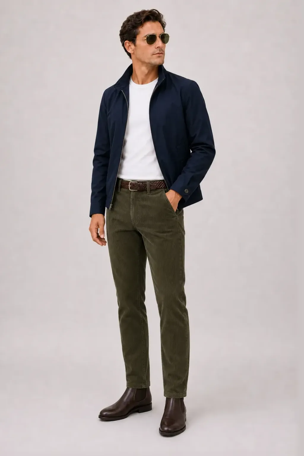 Harrington Blouson Navy über T-Shirt Weiss, dazu Cordhose Oliv und Chelsea Boot