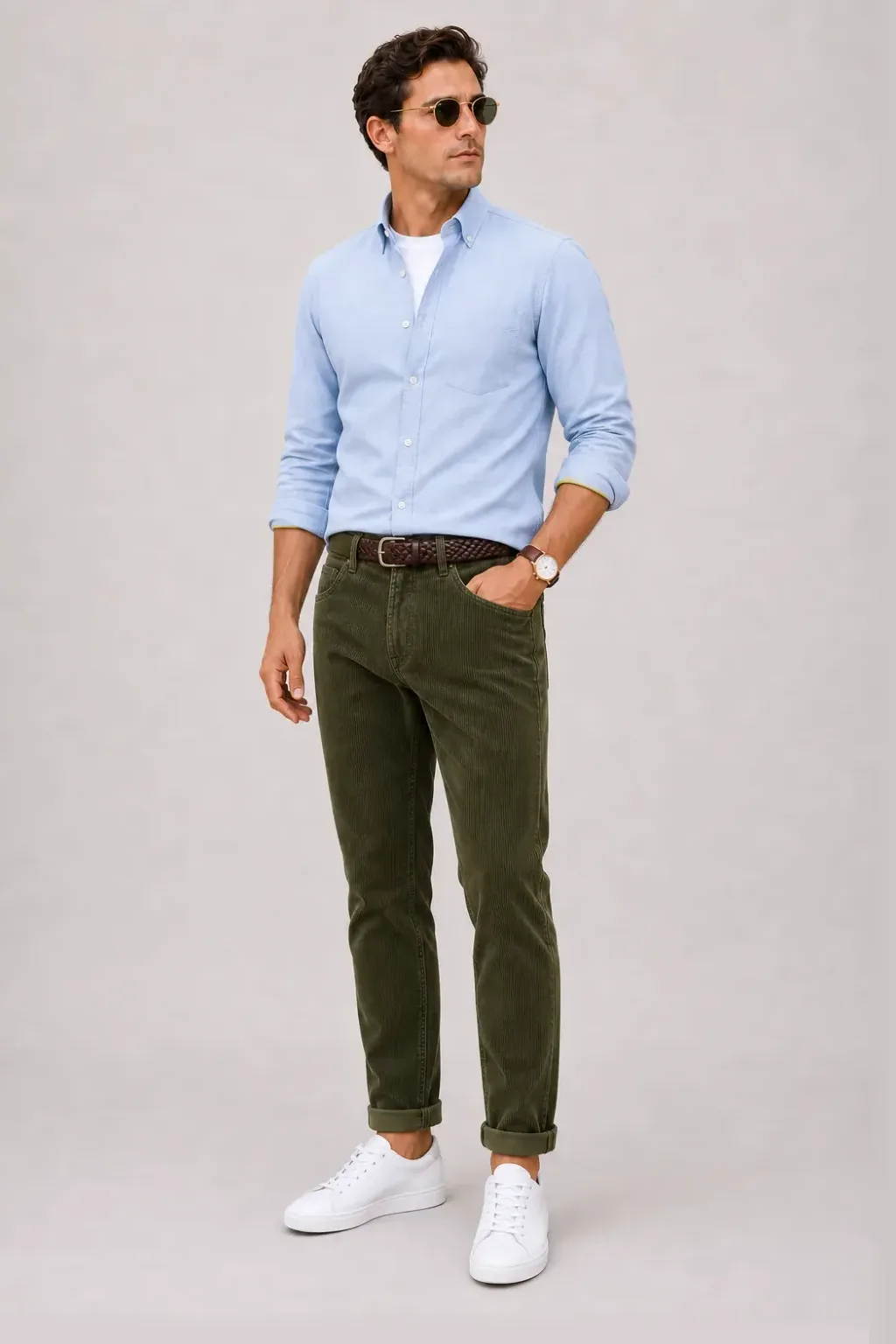 Button-Down-Hemd Hellblau über T-Shirt, dazu Cordhose Oliv und Sneaker