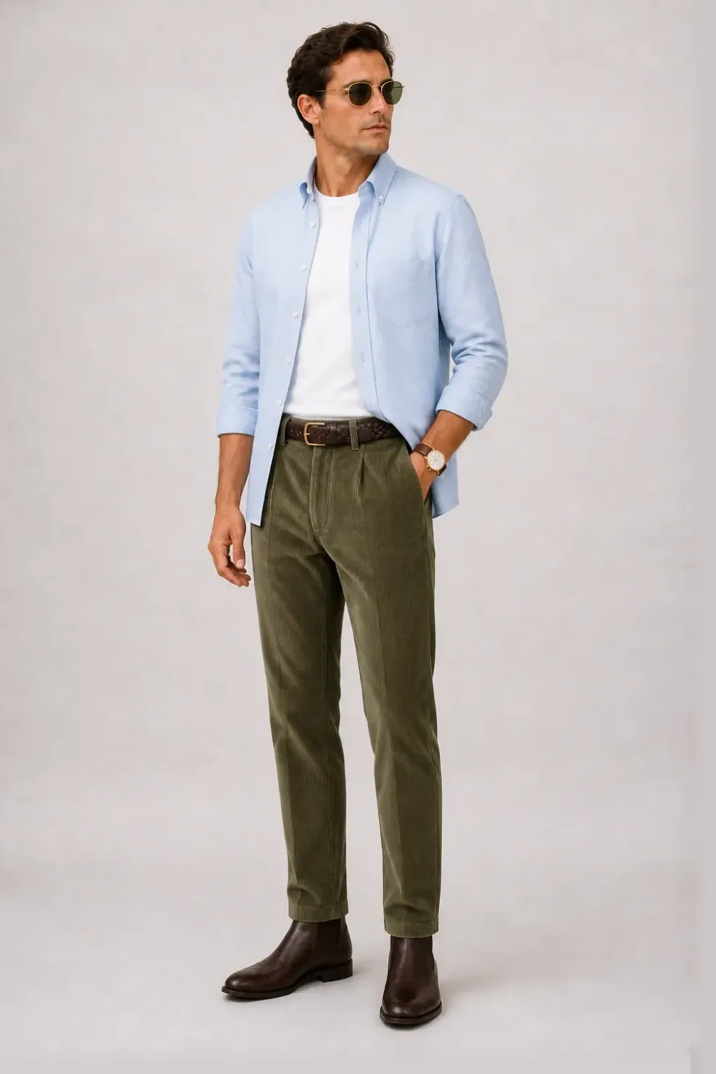 Button-Down-Hemd Hellblau über T-Shirt, dazu Cordhose Oliv und Sneaker