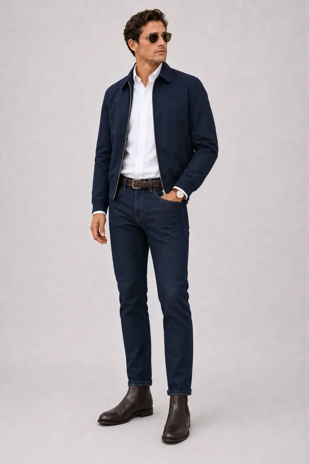 Harrington Blouson Navy über T-Shirt, dazu Jeans Navy und Chelsea Boot — Button-Down-Hemd Weiss