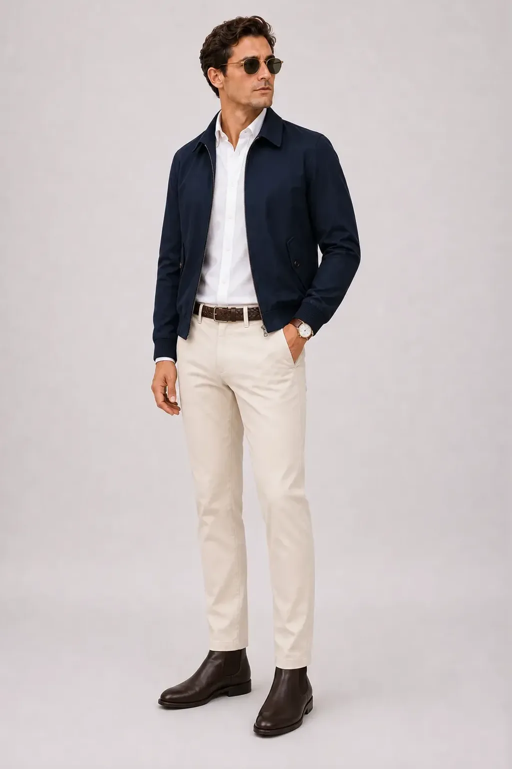 Harrington Blouson Navy über Button-Down-Hemd Weiss, dazu Chino Creme und Chelsea Boot