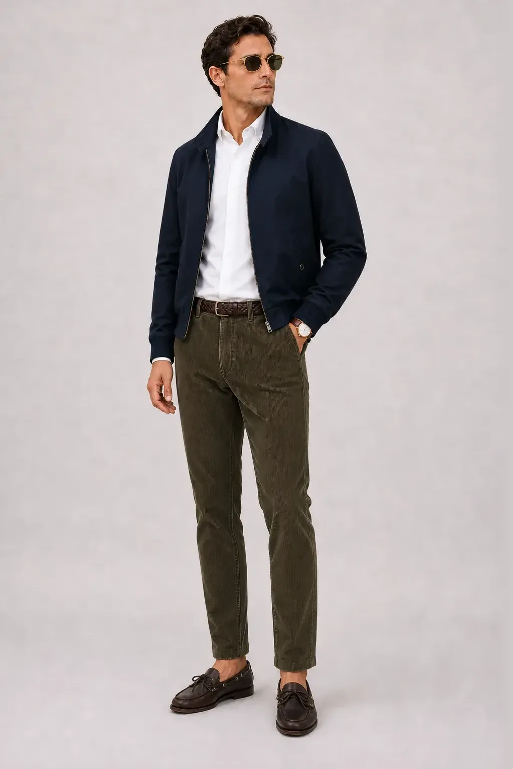 Harrington Blouson Navy über Cardigan, dazu Cordhose Oliv und Bootsschuh — Button-Down-Hemd Weiss