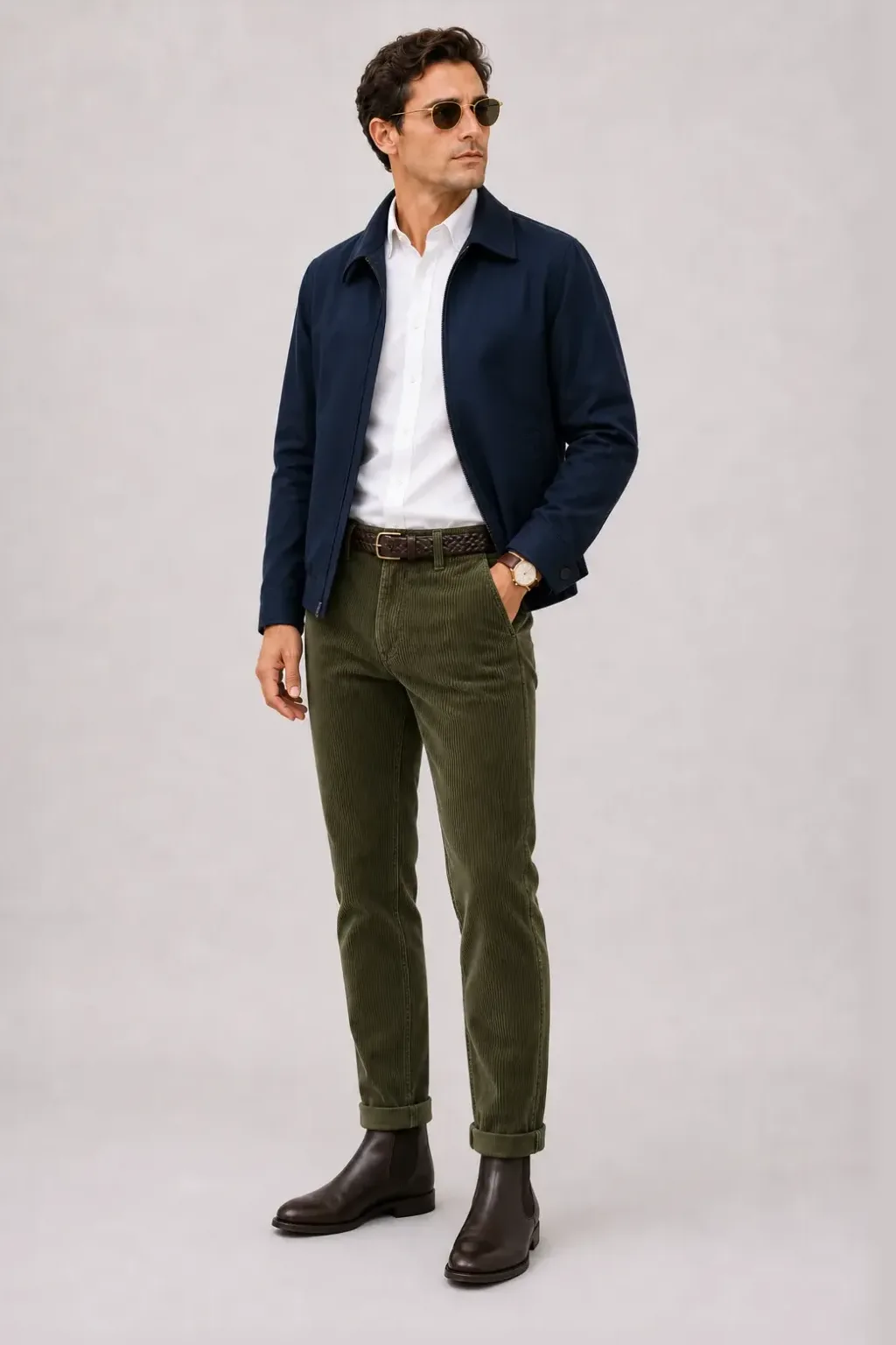 Harrington Blouson Navy über Button-Down-Hemd, dazu Cordhose Oliv und Bootsschuh