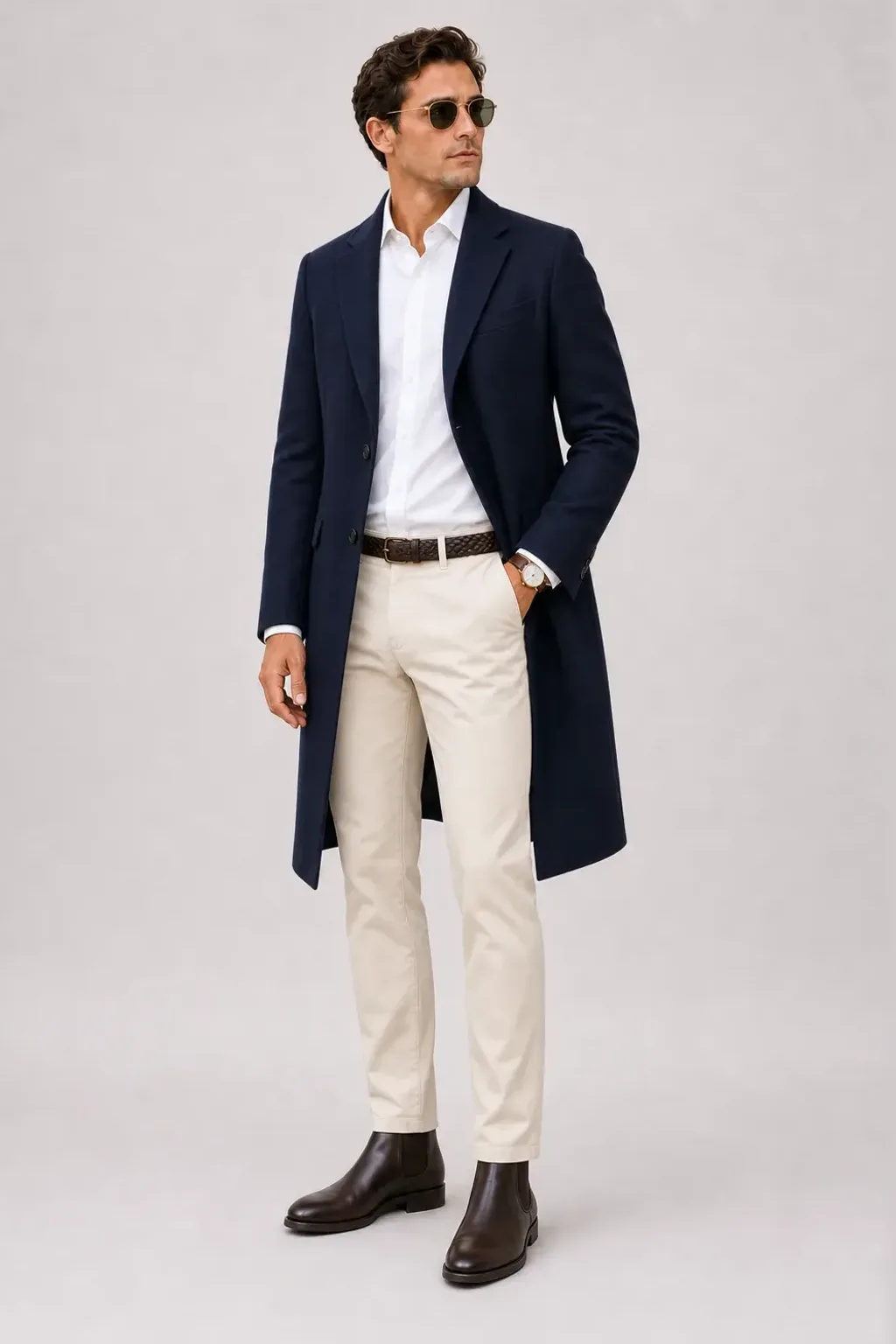Langer Mantel Navy über T-Shirt, dazu Chino Creme und Chelsea Boot — Button-Down-Hemd Weiss