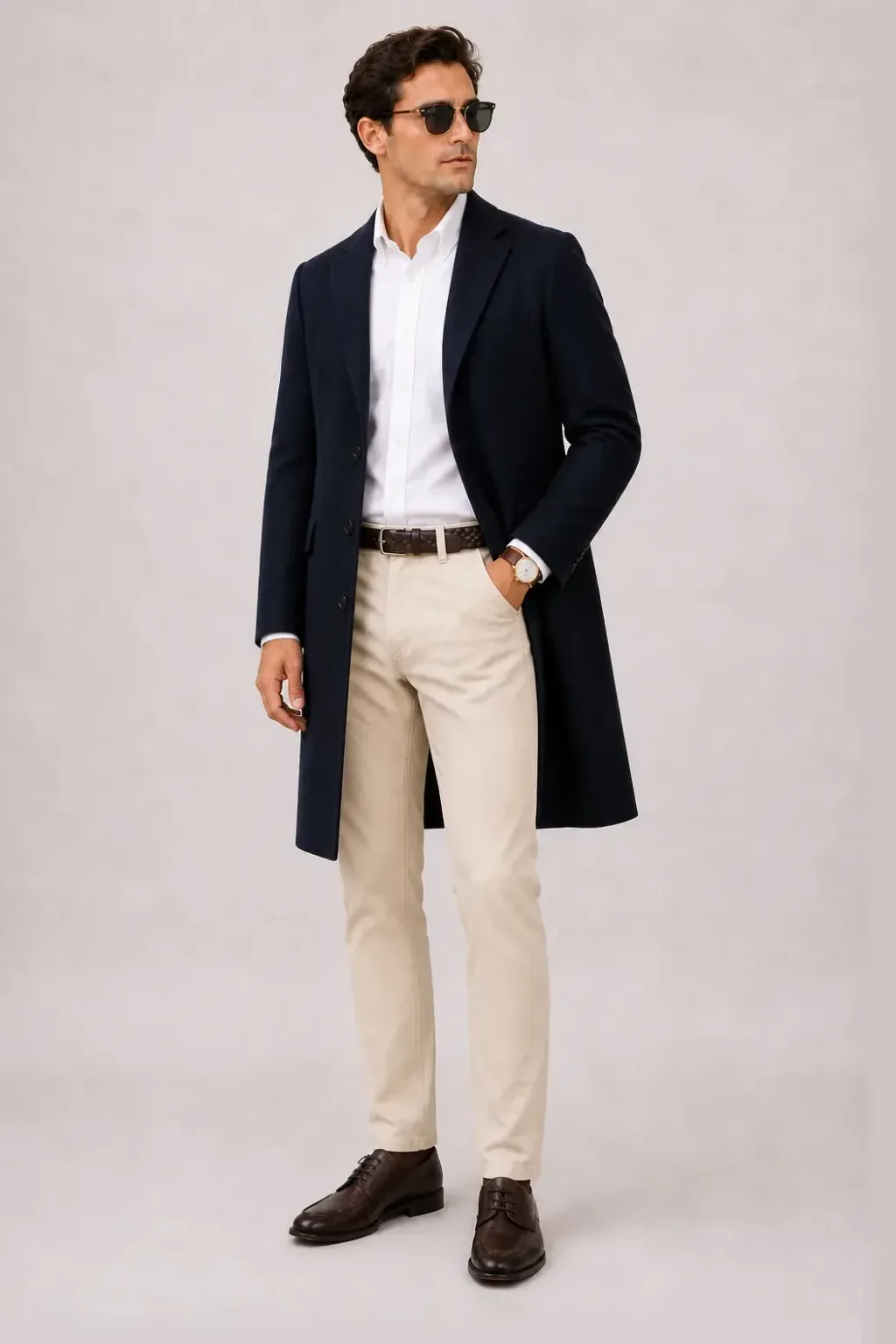 Langer Mantel Navy über Button-Down-Hemd Weiss, dazu Chino Creme und Chelsea Boot