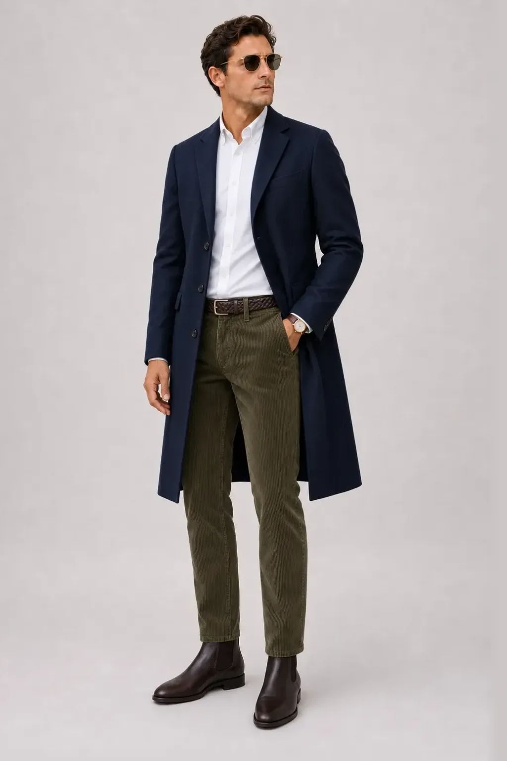 Langer Mantel Navy über Button-Down-Hemd, dazu Cordhose Oliv und Chelsea Boot