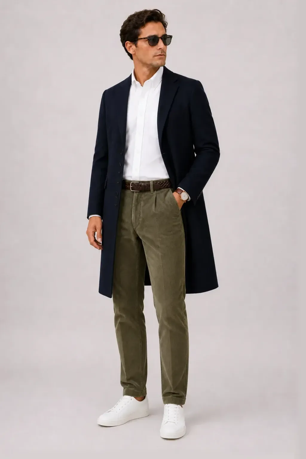 Langer Mantel Navy über Button-Down-Hemd, dazu Cordhose Oliv und Chelsea Boot
