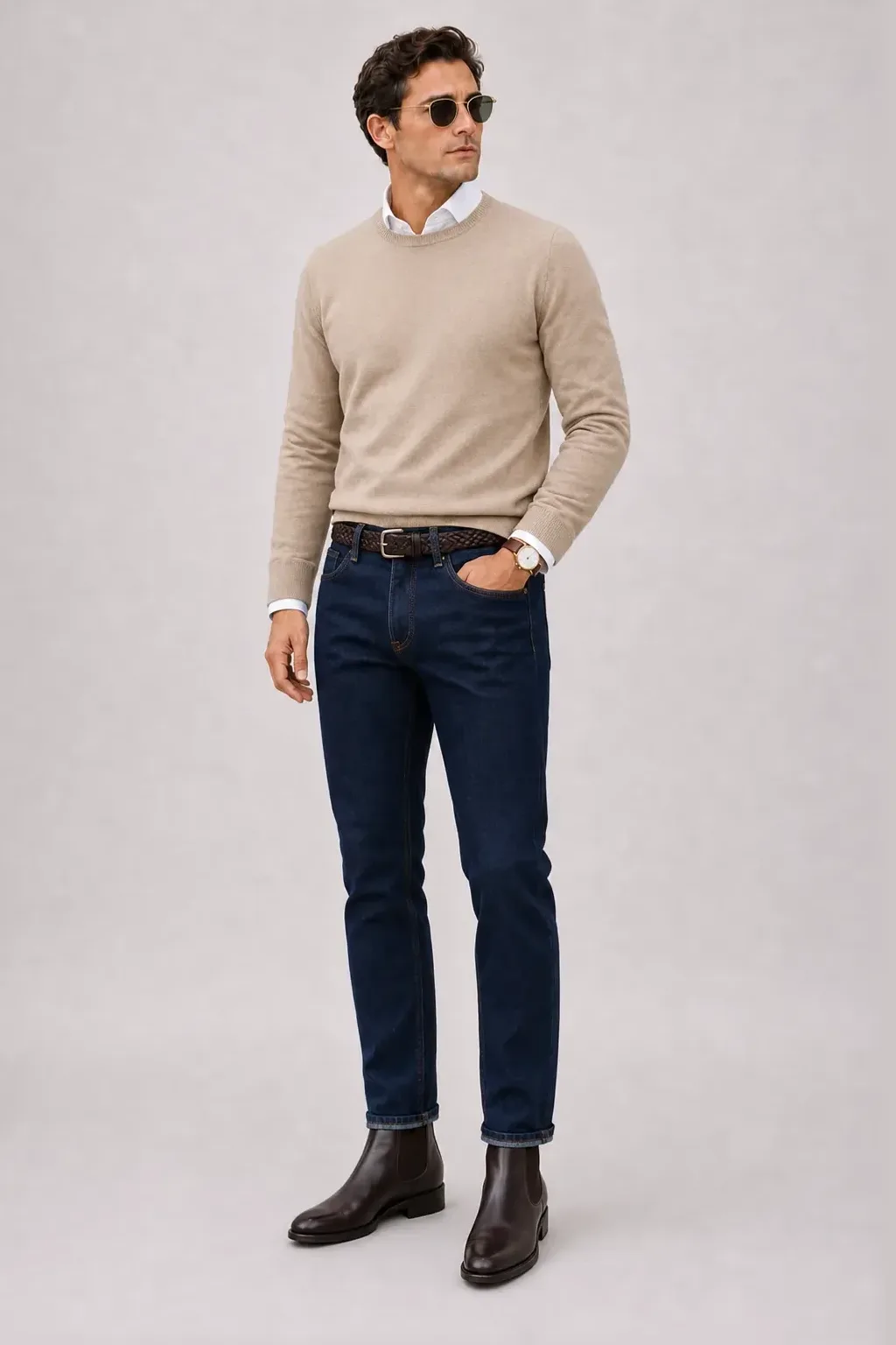 Crewneck-Pullover Feinstrick Beige über Button-Down-Hemd, dazu Jeans Navy und Chelsea Boot