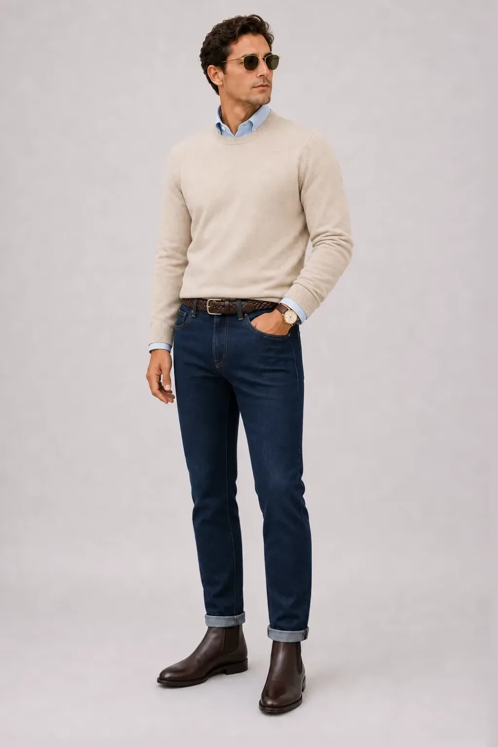 Crewneck-Pullover Feinstrick Beige über Button-Down-Hemd, dazu Jeans Navy und Chelsea Boot — Button-Down-Hemd Hellblau