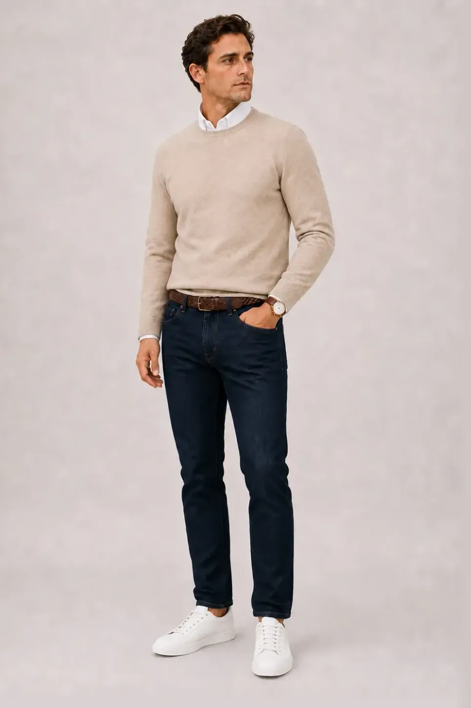 Crewneck-Pullover Feinstrick Beige über Button-Down-Hemd, dazu Jeans Navy und Chelsea Boot