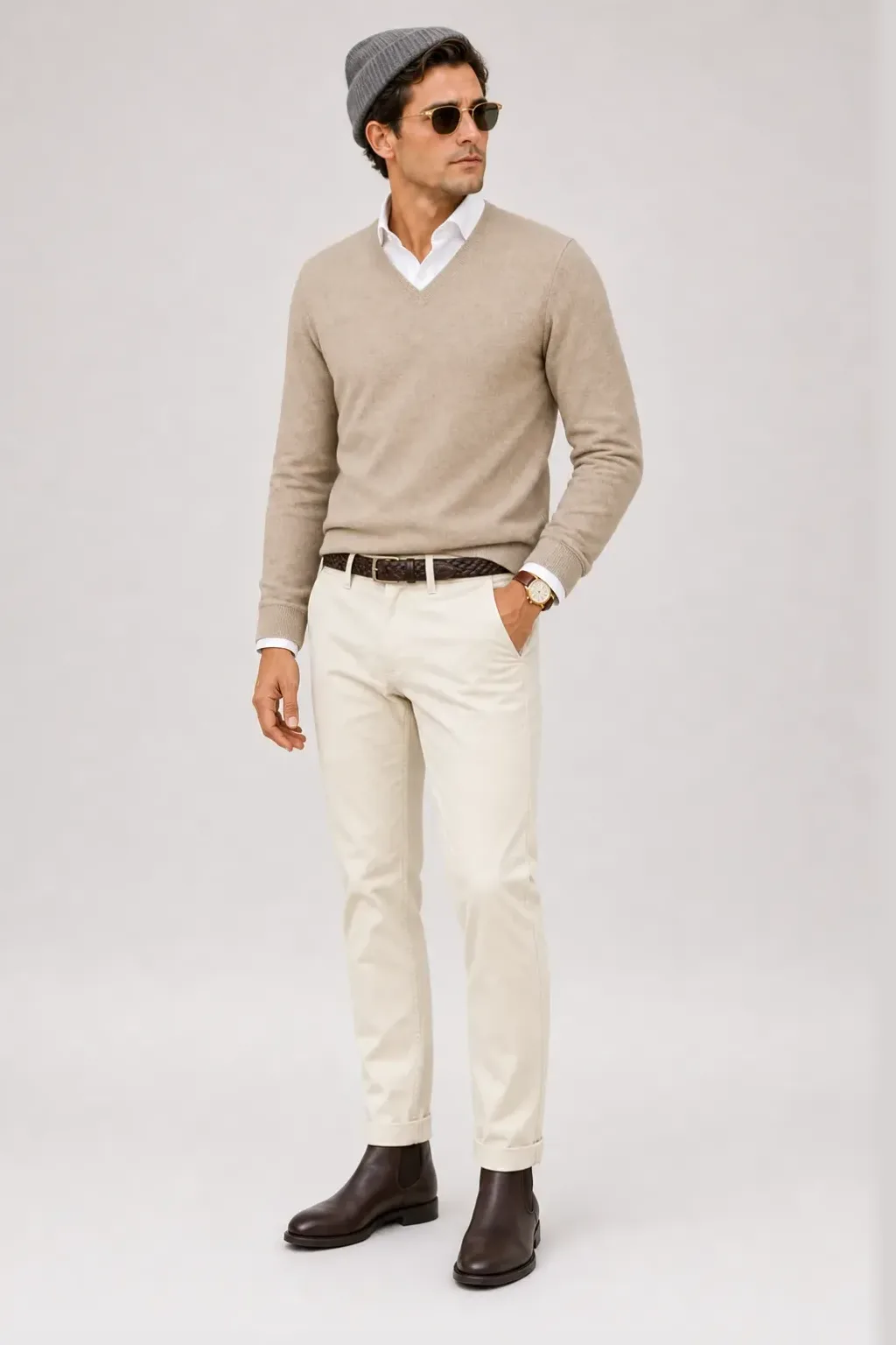 V-Neck-Pullover Feinstrick Beige über Button-Down-Hemd, dazu Chino Creme und Chelsea Boot
