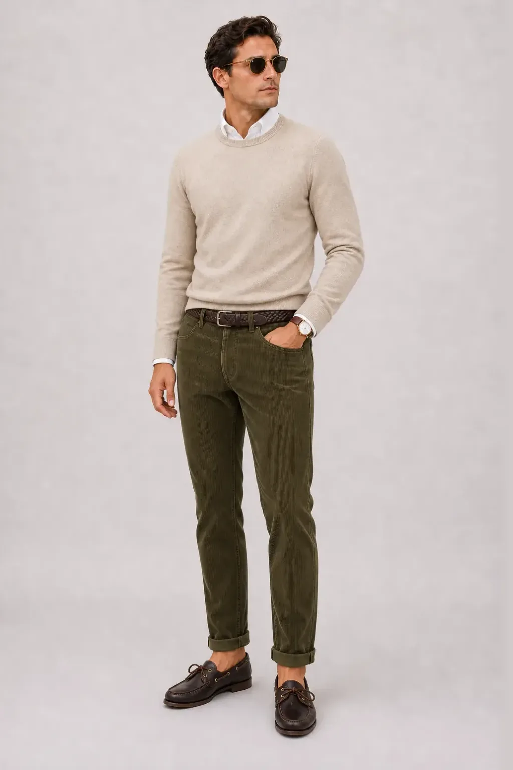 Crewneck-Pullover Feinstrick Beige über Button-Down-Hemd, dazu Cordhose Oliv und Bootsschuh