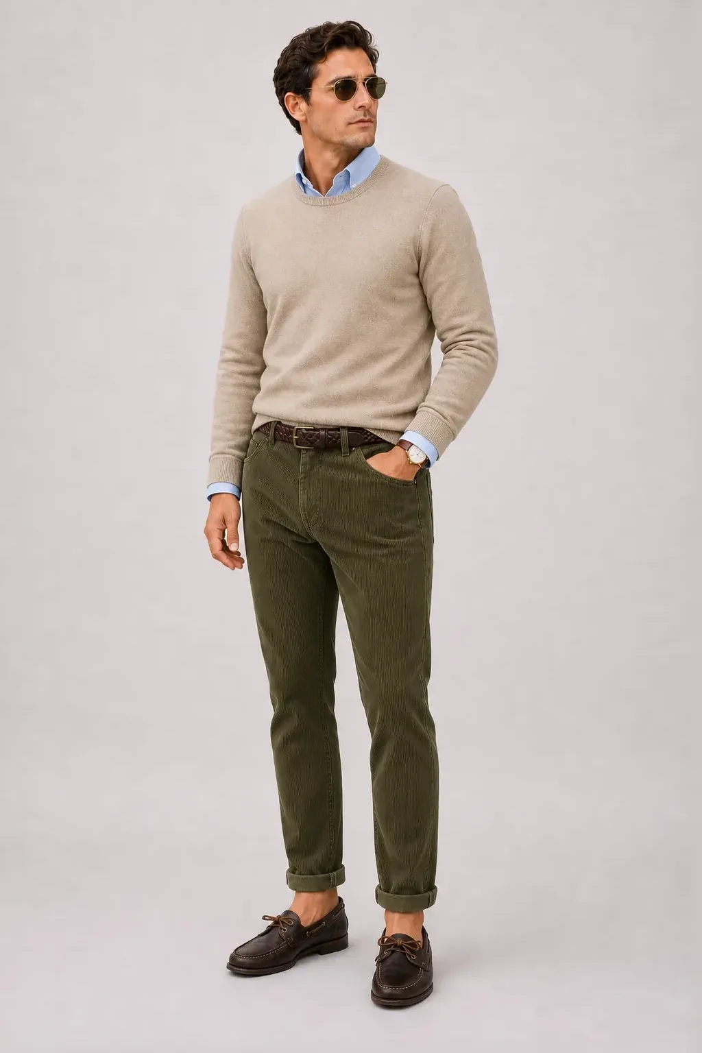 Crewneck-Pullover Feinstrick Beige über Button-Down-Hemd, dazu Cordhose Oliv und Bootsschuh — Button-Down-Hemd Hellblau