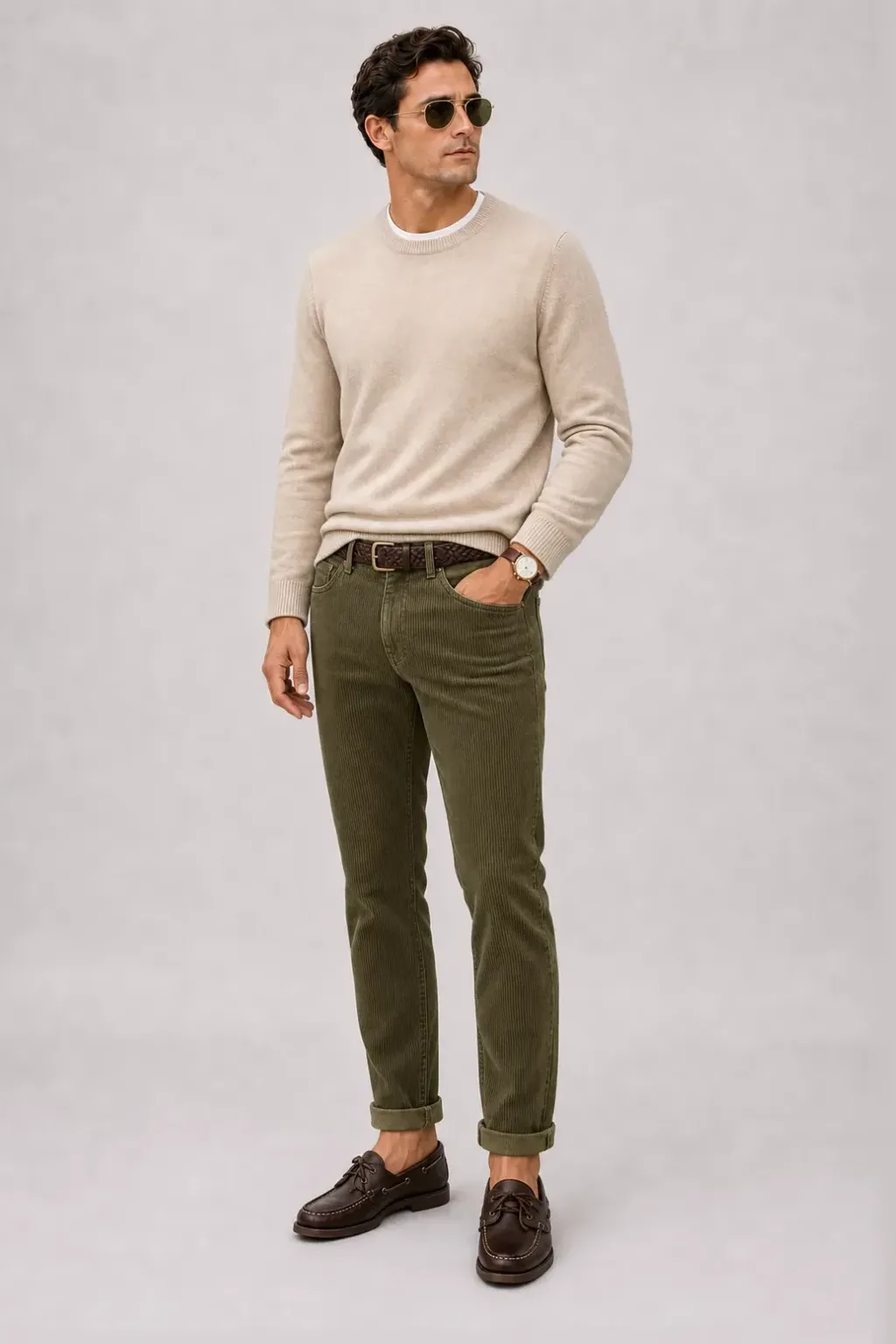 Crewneck-Pullover Feinstrick Beige über Button-Down-Hemd, dazu Cordhose Oliv und Bootsschuh — T-Shirt Weiss