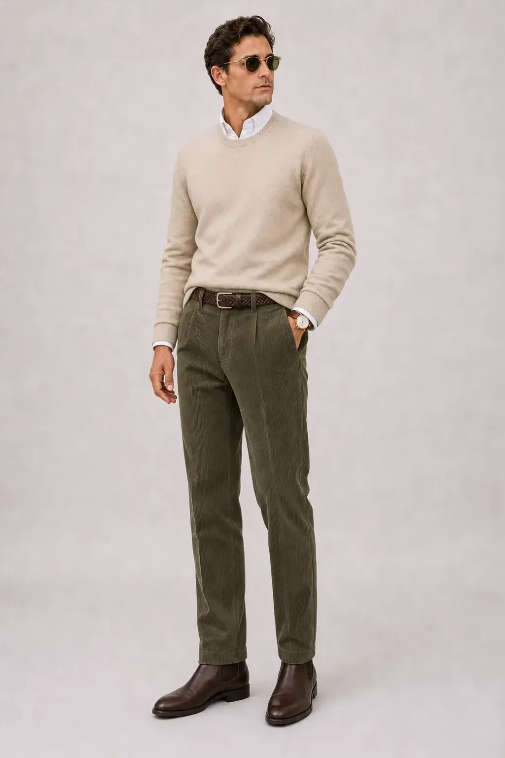Crewneck-Pullover Feinstrick Beige über Button-Down-Hemd, dazu Cordhose Oliv und Bootsschuh