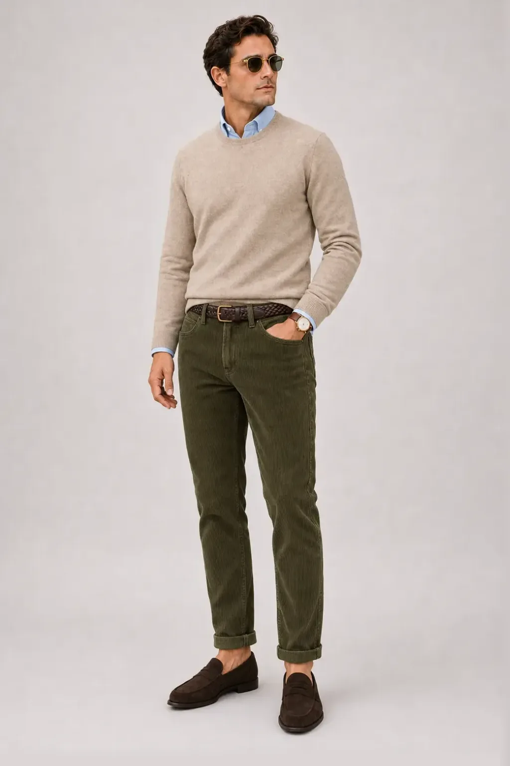 Crewneck-Pullover Feinstrick Beige über Button-Down-Hemd, dazu Cordhose Oliv und Bootsschuh