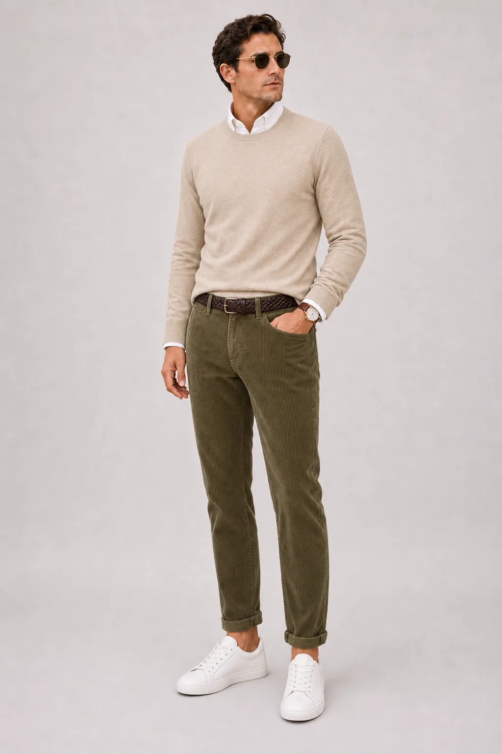 Crewneck-Pullover Feinstrick Beige über Button-Down-Hemd, dazu Cordhose Oliv und Bootsschuh