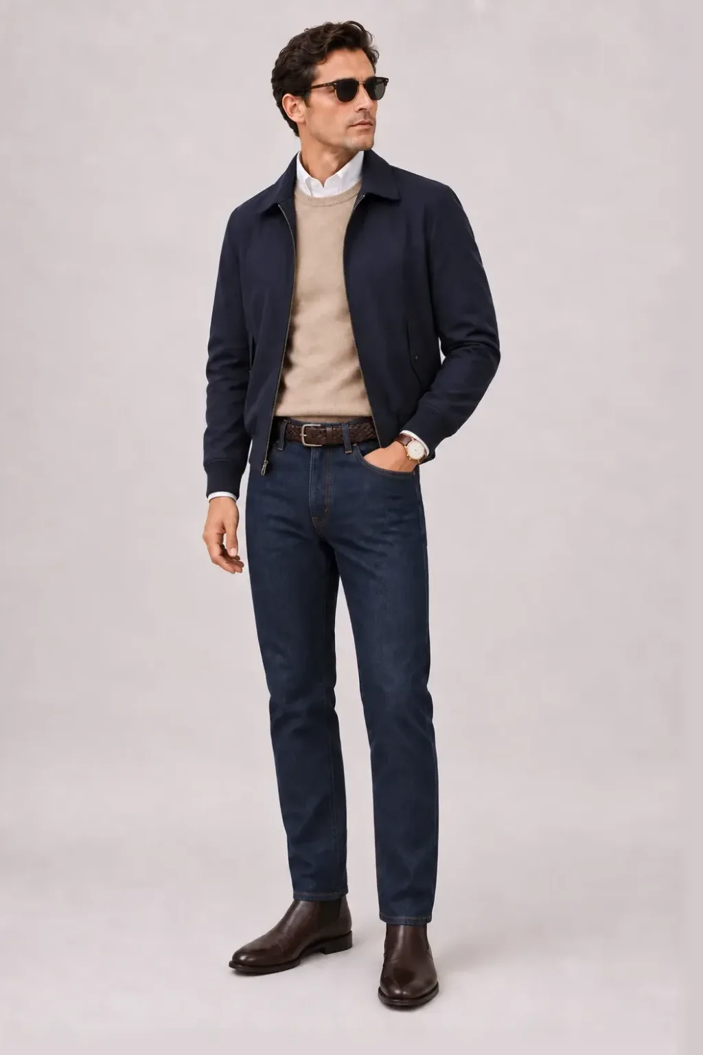 Harrington Blouson Navy über Crewneck-Pullover Feinstrick Beige und Button-Down-Hemd Hellblau, dazu Jeans Navy und Bootsschuh — Button-Down-Hemd Weiss