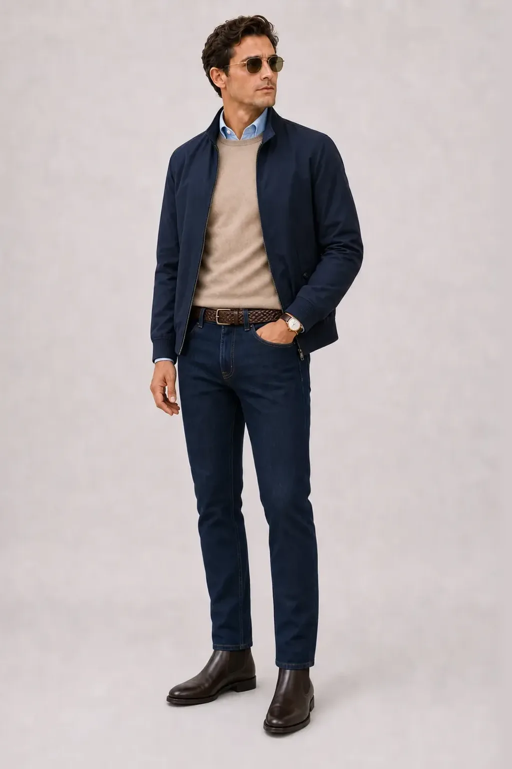 Harrington Blouson Navy über Crewneck-Pullover Feinstrick Beige und Button-Down-Hemd Hellblau, dazu Jeans Navy und Bootsschuh