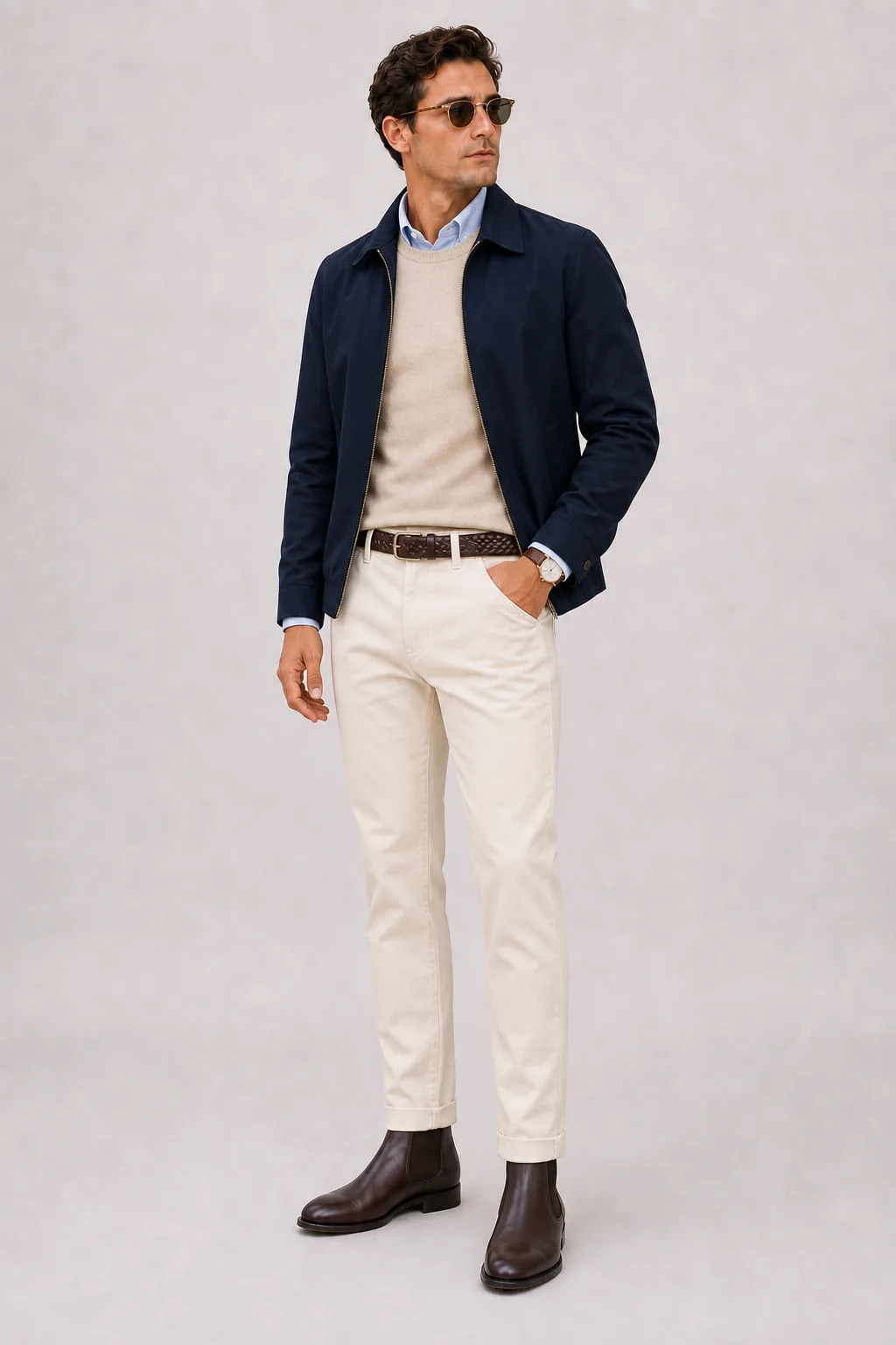 Harrington Blouson Navy über Button-Down-Hemd Hellblau und T-Shirt Weiss, dazu Chino Creme und Chelsea Boot — Crewneck-Pullover Feinstrick Beige