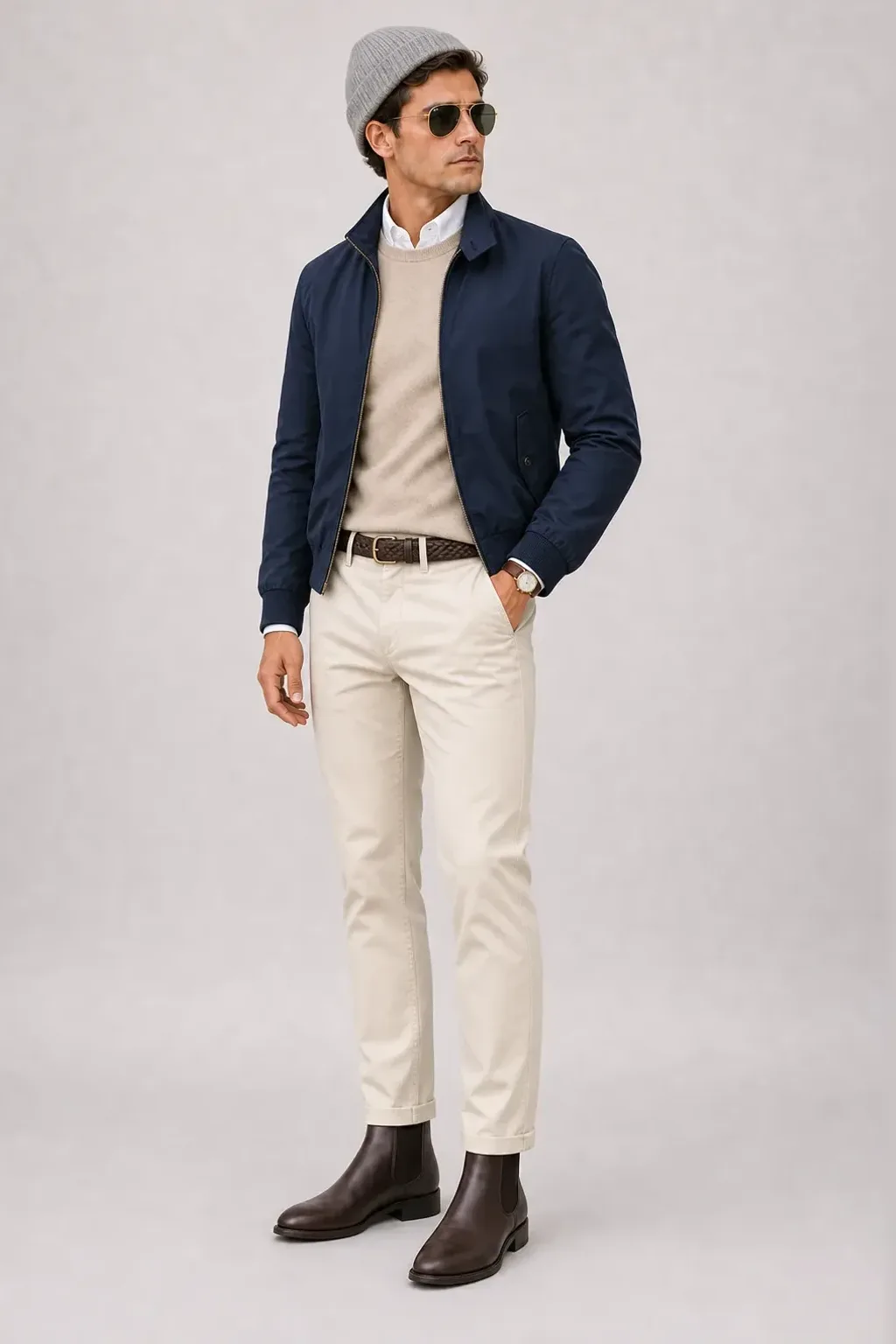 Harrington Blouson Navy über Crewneck-Pullover Feinstrick Beige und Button-Down-Hemd Hellblau, dazu Chino Creme und Chelsea Boot — Button-Down-Hemd Weiss