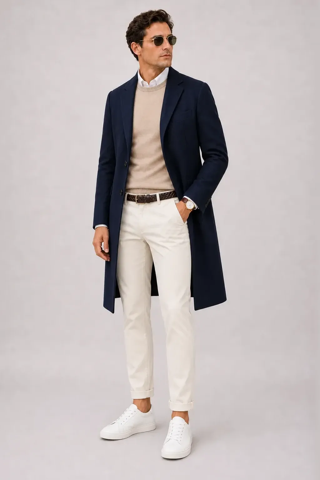Langer Mantel Navy über Crewneck-Pullover Feinstrick Beige und Button-Down-Hemd Weiss, dazu Chino Creme und Sneaker
