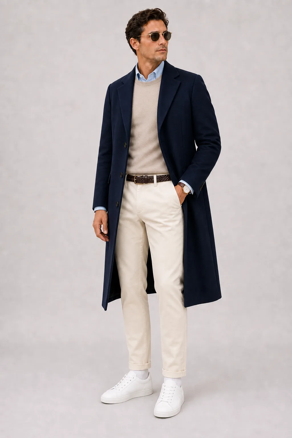 Langer Mantel Navy über Crewneck-Pullover Feinstrick Beige und Button-Down-Hemd Weiss, dazu Chino Creme und Sneaker — Button-Down-Hemd Hellblau