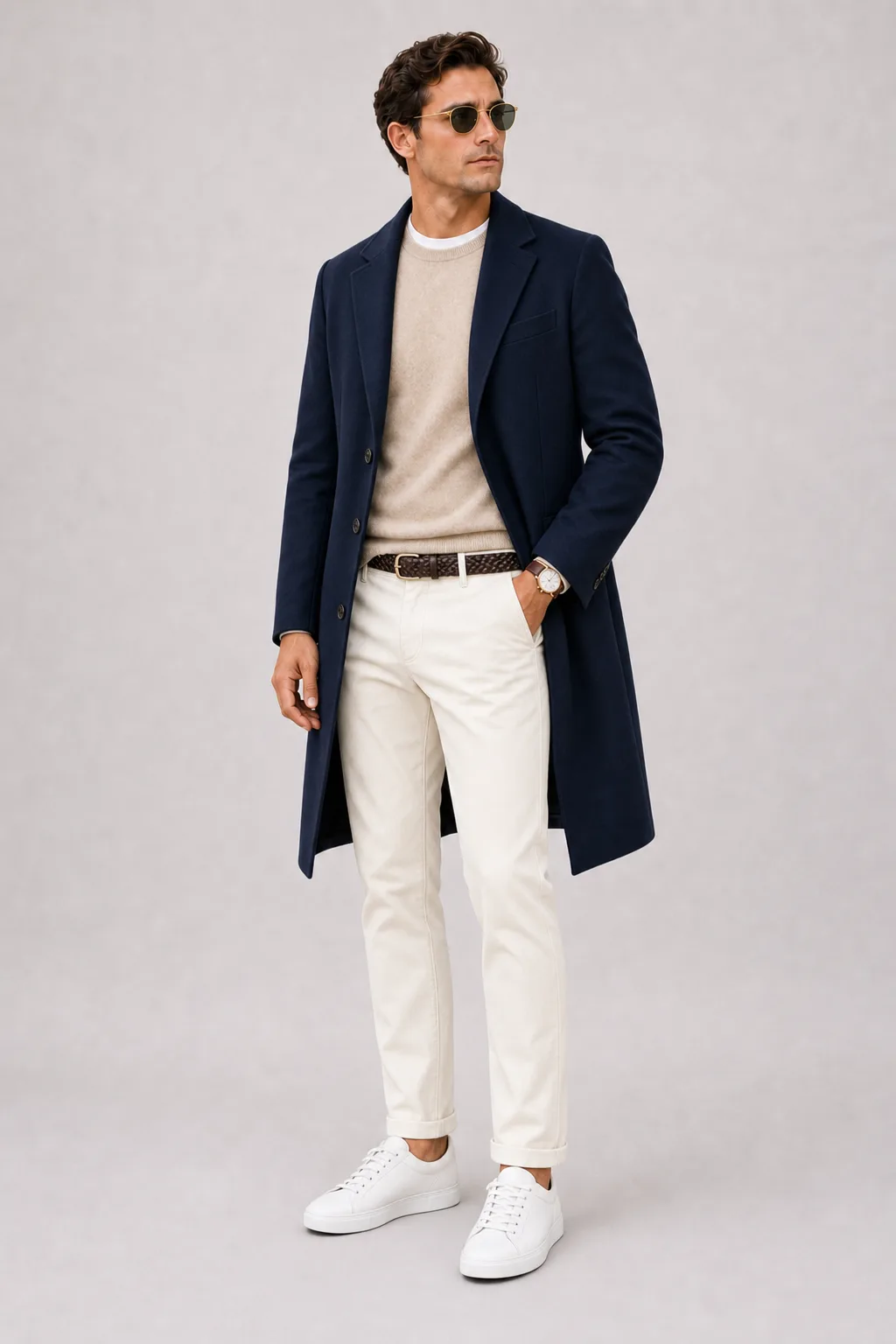 Langer Mantel Navy über Crewneck-Pullover Feinstrick Beige und Button-Down-Hemd Weiss, dazu Chino Creme und Sneaker — T-Shirt Weiss