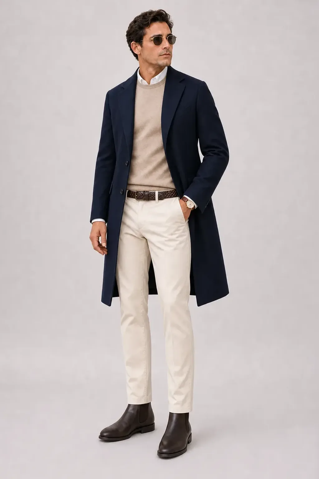 Langer Mantel Navy über Crewneck-Pullover Feinstrick Beige und Button-Down-Hemd Weiss, dazu Chino Creme und Sneaker