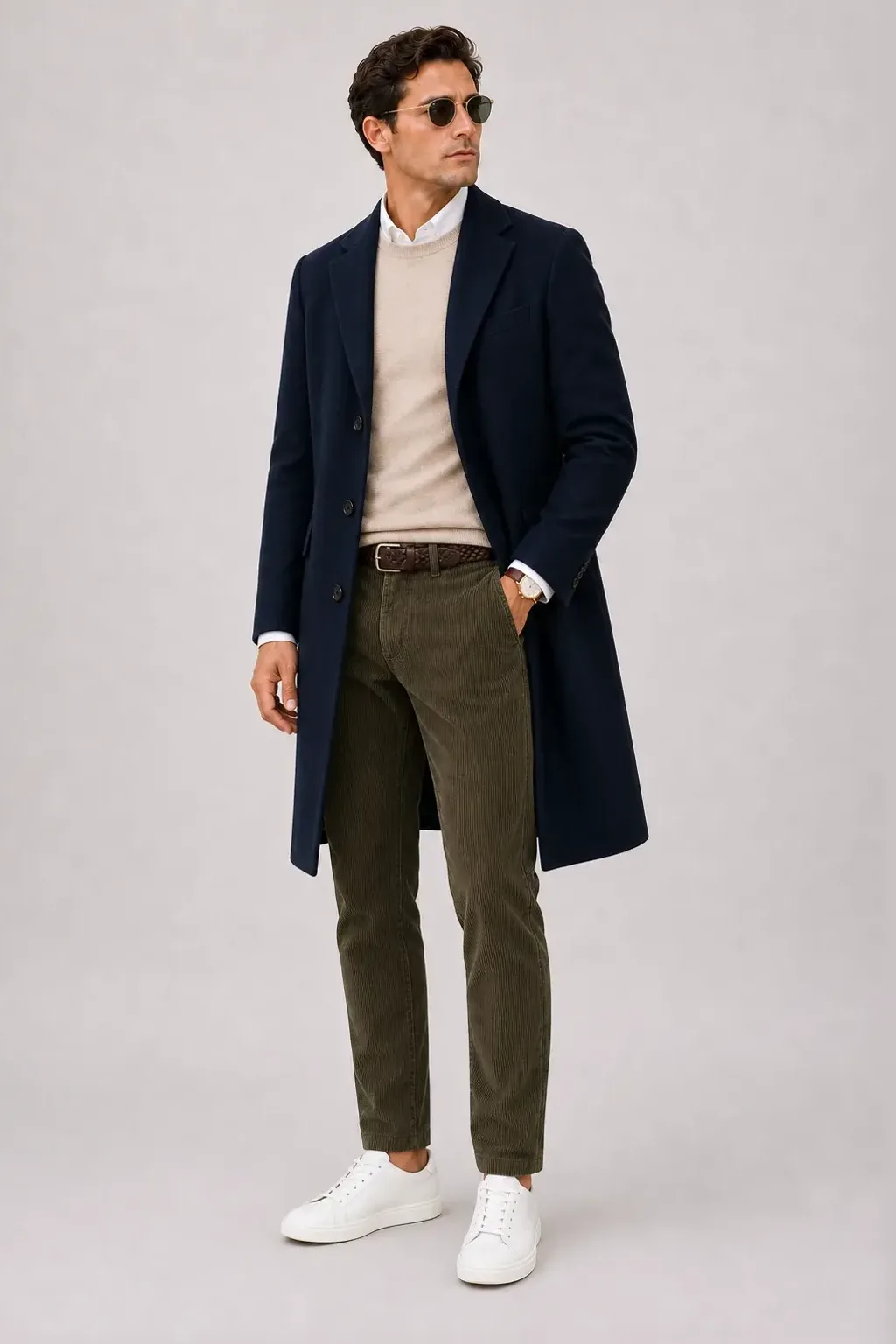 Langer Mantel Navy über Crewneck-Pullover Feinstrick Beige und Button-Down-Hemd Weiss, dazu Cordhose Oliv und Sneaker